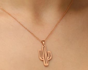 Rose Gold Cactus Necklace, Dainty Nature Pendant, Adjustable Chain 41–46 cm (16–18 in), Minimalist Jewelry, Summer Gift for Her