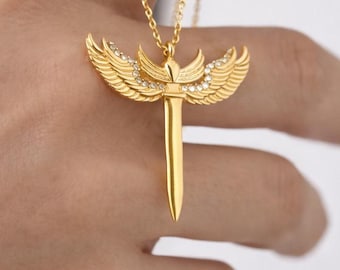 Archangel Michael Sword Gold  Necklace, Sterling Silver CZ Pave Protection Pendant, Gift for Mother, Religious Jewelry For Grandma