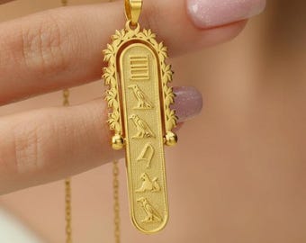Mother's Day Gift, Spinning Hieroglyphics Cartouche Necklace, Gold Flower Patterned Pendant, Handmade Necklace, Gold Egyptian Jewelry