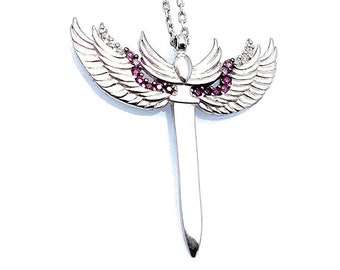 Archangel Michael&#39;s Sword Sterling Silver Pendant Necklace with Pink Color Stones, 15.3&#39;&#39; to 16.9&#39;&#39; Adjustable Chain