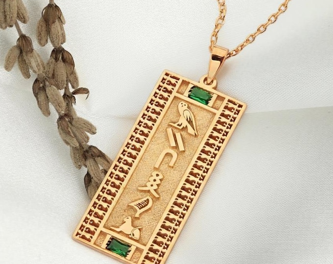 Personalized Hieroglyphic Cartouche Necklace, Custom Egyptian Name Pendant, Gold Jewelry, Birthday Stone Necklace Gift for Her