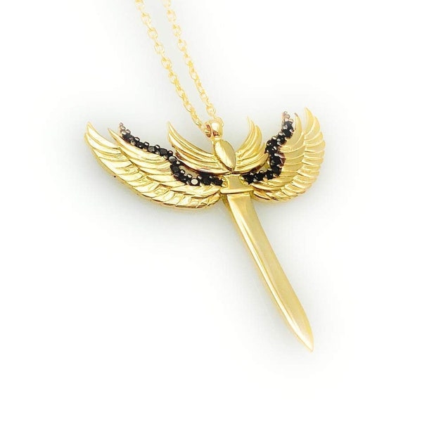 Archangel Michael's Sword Gold Sterling Silver Pendant Necklace with Black Color Stones -15.9'' to 17.9'' Inches Adjustable Chain