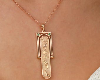 Spinning cartouche 14k rose gold necklace, double-sided Egyptian hieroglyph pendant with stone, elegant everyday jewelry for women’s gift.
