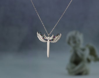 Sterling Silver Archangel Michael&#39;s Sword Pendant Colorful Stones Necklace with 15.5&#39;&#39; to 17.3 Inches Adjustable Chain - Protection Necklace