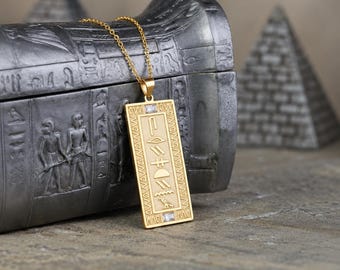 Personalized 14K Gold Egyptian Cartouche Necklace with Birthstone, Custom Hieroglyph Name Pendant, Ancient Egypt Inspired Jewelry