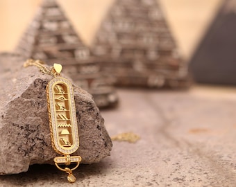 Personalised Egyptian Cartouche Necklace, Zircon Framed Hieroglyph Pendant with Dangling Stone Charm, Double Sided Gift for Her