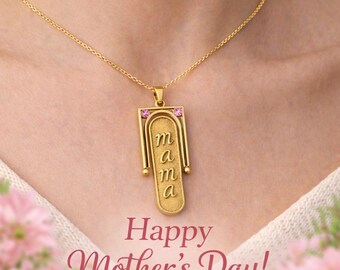 Spinning Gold Cartouche Necklace with Pink Stone, Double-Sided Necklace, 14k Personalized Jewelry, Mother's Day Gift for Mom