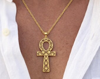 Gold Plated Ankh Pendant, Egyptian Jewelry, Sterling Silver Ankh Necklace, Egyptian Cross Pendant, Spiritual Protection Jewelry for Her, Him