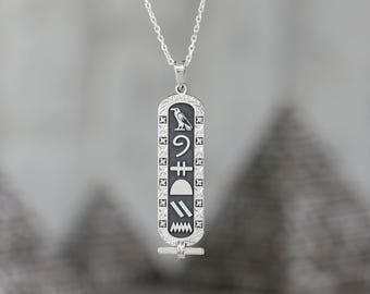 Silver Egyptian Hieroglyph Pendant, Handcrafted Black Cartouche Necklace for Him, Double-sided Vintage Jewelry for Her, Unique Gift