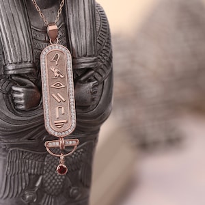 Birth Stone Necklace, Custom Egyptian Hieroglyph Cartouche Pendant, Meaningful Birthday Jewelry for Women, Christmas Gift Idea