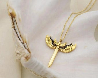 Colgante de espada del Arcángel Miguel, collar de plata de ley dorada, joyería de piedra negra