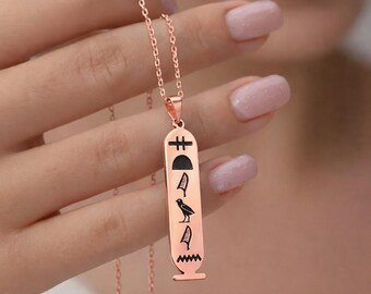 Custom Name Necklace Gold, Personalized Cartouche, Egyptian Hieroglyph Name Pendant, 14K Rose Gold Jewelry, Ancient Egypt Gift for Her