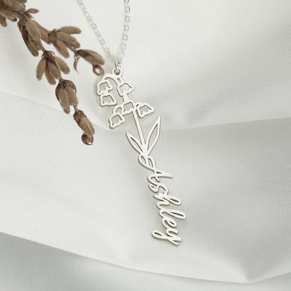 Personalized Birth Flower Necklace, Sterling Silver Name Pendant
