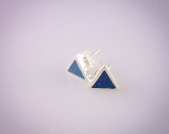 Triangle Lapis Lazuli Mosaic Micro Mosaic Sterling Silver Stud Earrings, Semi...