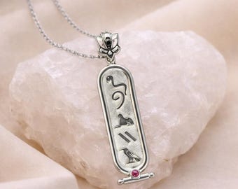 Personalised Sterling Silver Cartouche Necklace, Egyptian Hieroglyph Name Pendant, Lotus Birthstone Jewellery, Gift for Her or Him