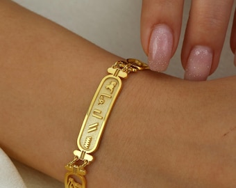 Egyptian Gold Cartouche Bracelet – Personalized 3 Row Name Bracelet in Hieroglyphics, Custom Ancient Egypt Jewelry, Mothers Day Gift for Her