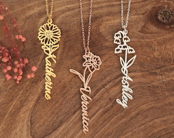 14K Gold Geburtsblume Halskette, Muttertag Halskette, Namen Halskette mit Geburtsmonat Blume, Mama Geschenk, Geschenk für Sie, Geschenk für Mama