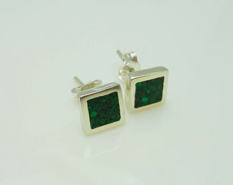 Square Malachite Micro Mosaic Sterling Silver Stud Earrings, Semi Precious Gemstone