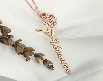 Personalized Birth Month Flower Necklace, Birth Month Flower Charm, Minimalist Pendant, Rose gold Dainty Jewelry, Christmas Gift