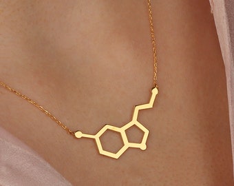 Gold Serotonin Sterling Silver Molecule Charm Necklace, Chemistry Science Necklace