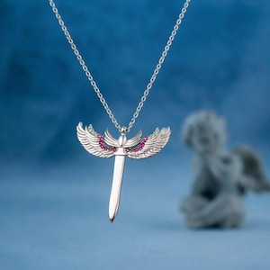 Archangel Michael's Sword Sterling Silver Pendant Necklace with Pink Color Stones, 15.3'' to 16.9'' Adjustable Chain