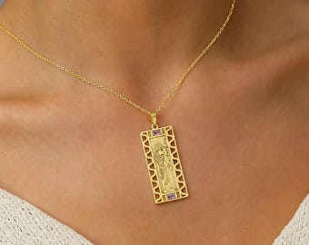 Gold Personalized Sekhmet Cartouche Necklace, Egyptian Hieroglyph Name Pendant, Custom Birthstone Jewelry, Ancient Egyptian Goddess Necklace