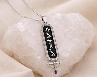 CZ Pave Black Enamel Cartouche Necklace, Silver Egyptian Name Pendant, Personalized Hieroglyph Jewelry, Custom Birthstone Charm Necklace