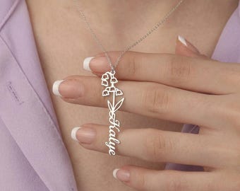 Personalized Birth Flower Necklace,  Silver Name Pendant, Unique Custom Jewelry Gift for Her Birthday or Anniversary, Mother's Day gift
