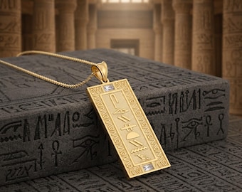 Personalised 14K Gold Egyptian Cartouche Necklace, Custom Hieroglyph Name Pendant with Birthstone, Ancient Egypt Christmas Gift for Her Xmas