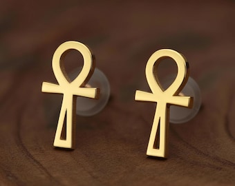 Gold Ankh Silver Earrings: Egyptian Cross Jewelry, Tiny Gold Plated Earring