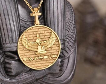 Personalized Isis Necklace, Egyptian Goddess Pendant, Custom Initial Round Pendant, Hieroglyphics Jewelry, Ankh Necklace, Ancient Egypt Gift
