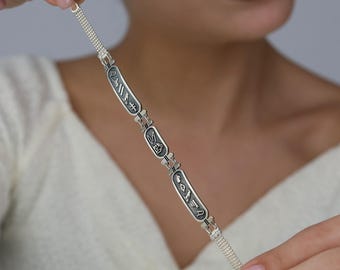 Custom Silver Cartouche Bracelet, Oxidized Egyptian Name Jewelry, Three Row Personalized Bracelet, Unique Gift for Women