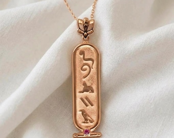 Rose Gold Plated Lotus Pendant, Personalized Egyptian Cartouche Necklace with Birthstone, Custom Hieroglyph Name Jewelry, Gift for Mother