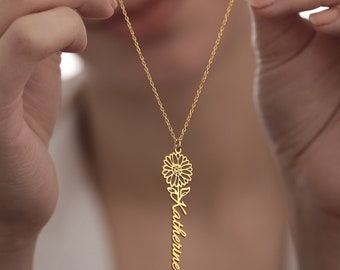Gold Birth Flower Name Necklace, Personalized Dainty Charm, Silver Custom Jewelry, Christmas Gift For Her, Minimalist Jewelry,