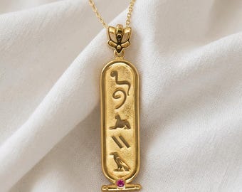 Personalized Egyptian Cartouche Necklace with Birthstone – Gold Plated  Lotus Pendant – Custom Name Hieroglyph Jewelry – Mother’s Day Gift