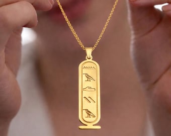 Personalised Egyptian Cartouche Necklace, Gold Name Pendant, Custom Hieroglyph Jewellery, Ancient Egypt Christmas Gift for Her, Unique Gifts