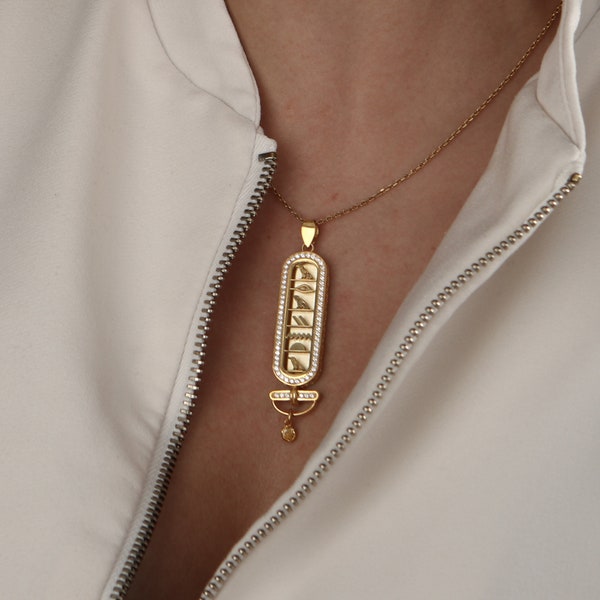 Custom Made Cartouche with Birth Stone Necklace, 14k Gold Hieroglyphic Cartouche Pendant with Stones, Gold Egypt Hieroglyph Jewelry