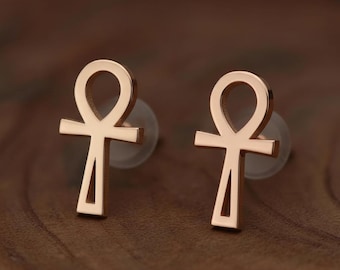 Rose Gold Plated Ankh Earrings: Egyptian Cross Jewelry, Tiny Earring