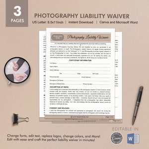 Może przedstawiać: Wzór zrzeczenia się odpowiedzialności za fotografię zatytułowany "Photography Liability Waiver". Formularz zawiera sekcje dotyczące informacji o uczestniku, przyjęcia ryzyka oraz zgody i zwolnienia. Formularz został zaprojektowany do edycji w Canva i Microsoft Word.