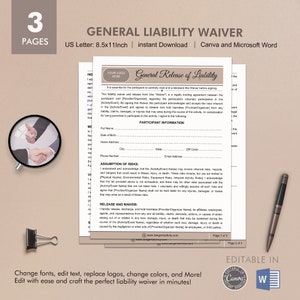 General Liability Waiver Template, Liability Release Form, Legal Protection Agreement, Editable Template, Instant Download
