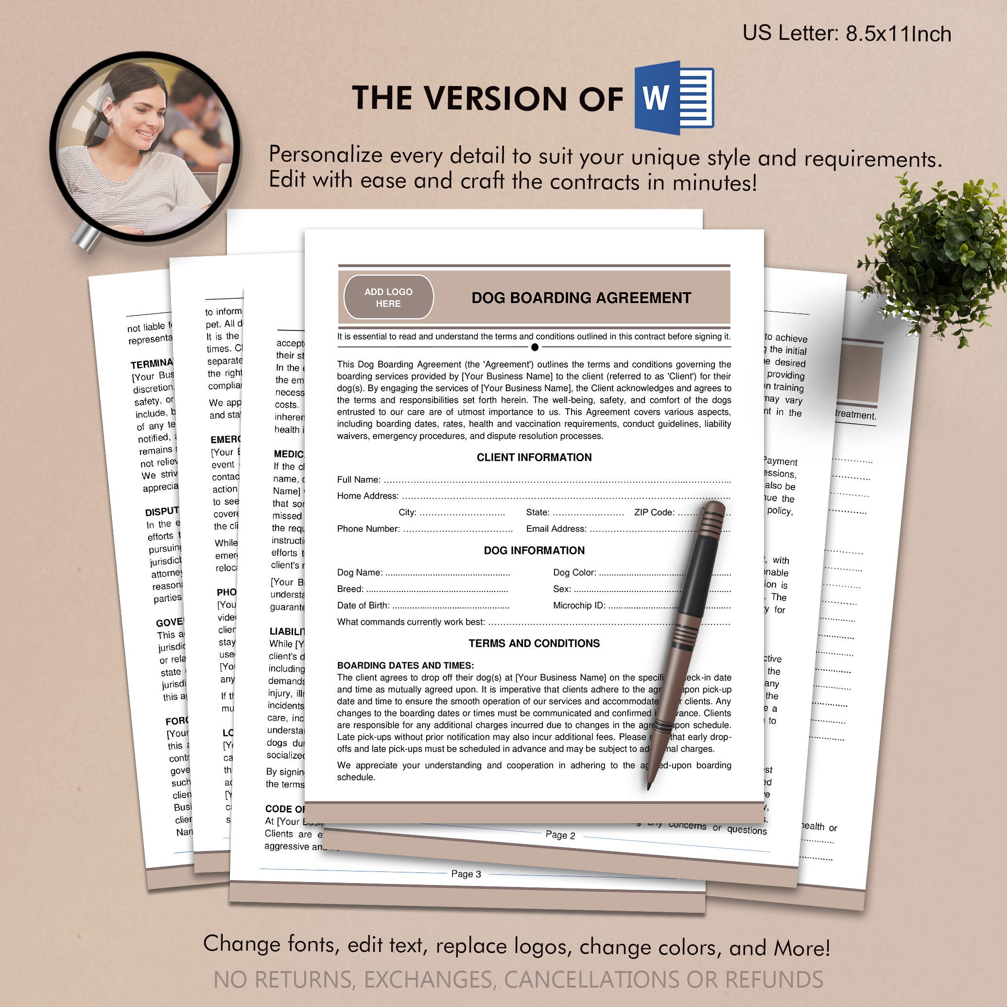 Dog Boarding Contract, Pet Care Agreement, Editable Template, Digital
