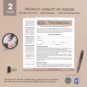 Product Liability Waiver, Product Use Agreement, Release of Liability Form, Editable Template, Instant Download