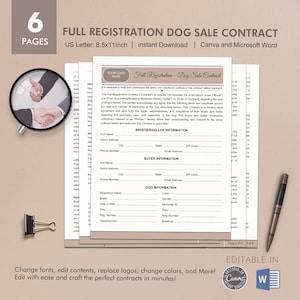 Breeder's Full Registration Contract, Dog Ownership Agreement, Editable Template, Digital Instant Download