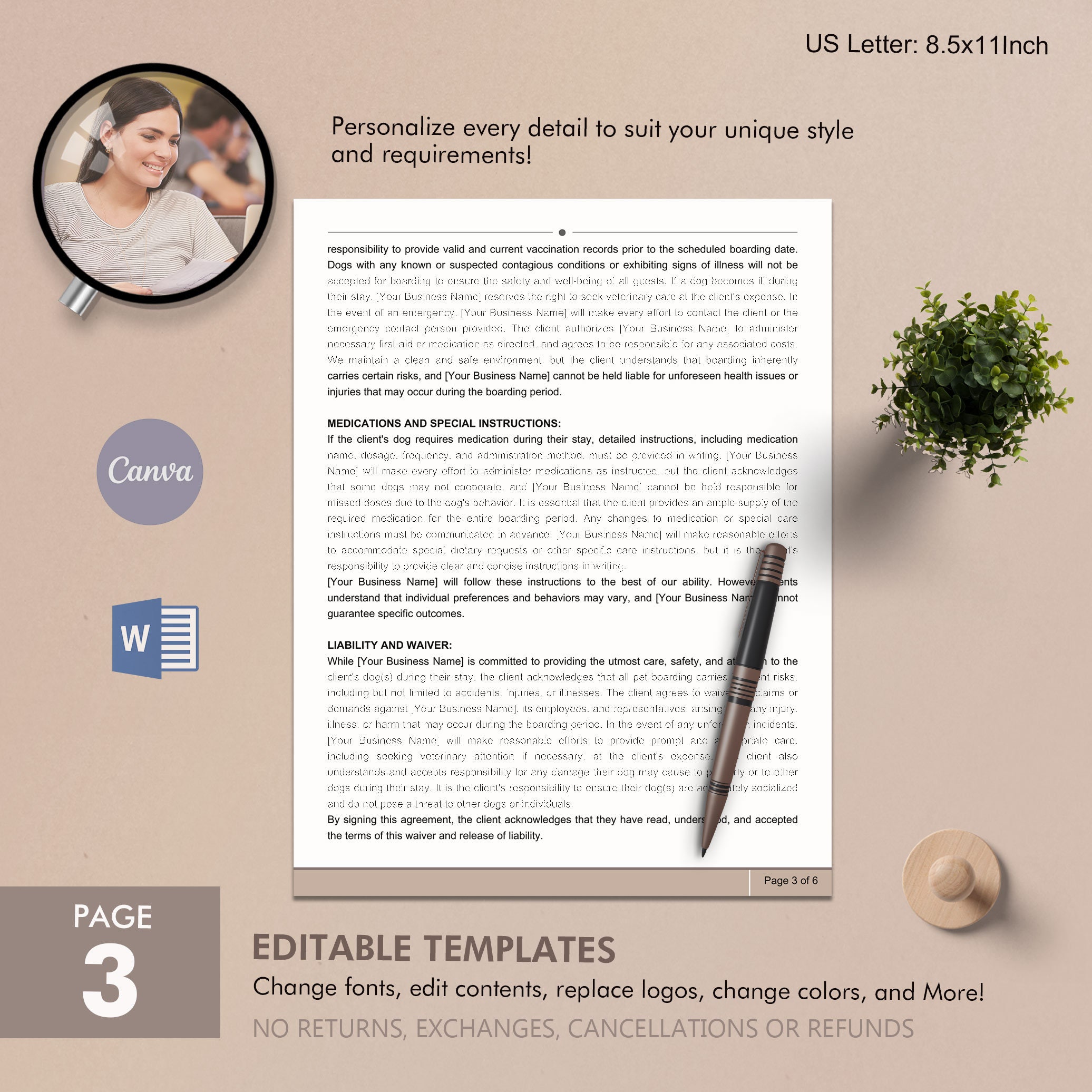 Dog Boarding Contract, Pet Care Agreement, Editable Template, Digital