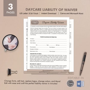 Daycare Liability Release Waiver Form, Childcare Release Form, Editable Template, Instant Download