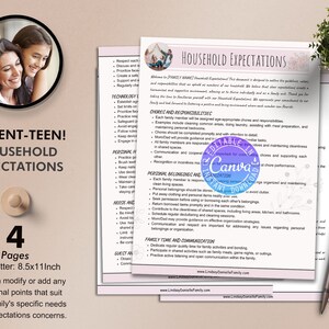 May include: A printable document with a pink floral design and the title "Household Expectations". The document includes a list of expectations for parents and teens, such as chores, technology use, personal hygiene, and family time. The document is 8.5 inches by 11 inches and has 4 pages.