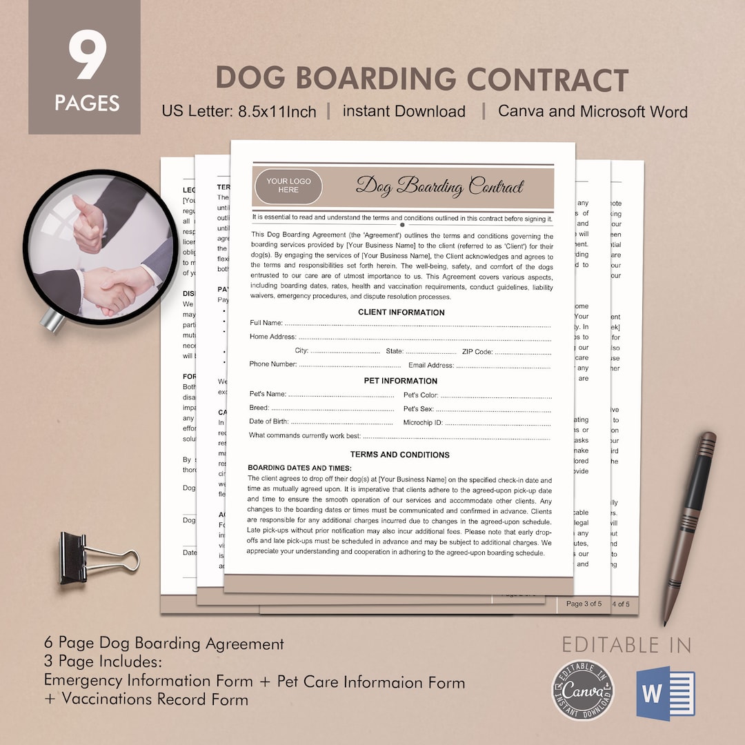 Dog Boarding Contract, Pet Care Agreement, Editable Template, Digital
