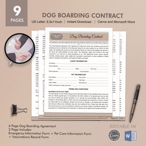 Dog Boarding Contract, Pet Care Agreement, Editable Template, Digital Instant Download