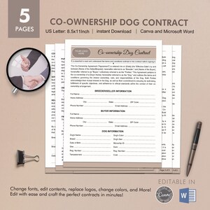 Co-ownership Dog Agreement, Shared Dog Care Contract, Editable Template, Digital Instant Download