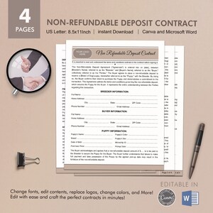 Non Refundable Deposit Contract for Puppy Transactions, Editable Template, Digital Instant Download